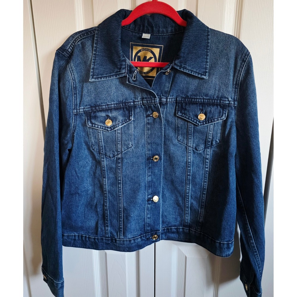 Michael‎ Kors Denim Jacket Women's XL Blue Jean Art Painted Peace Hands MK Logo - Picture 10 of 10